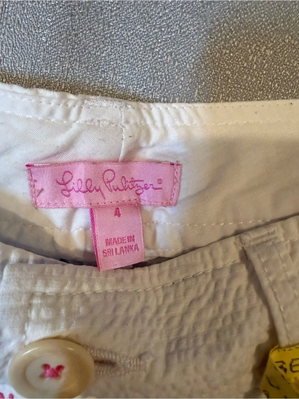 Lilly Pulitzer White Seersucker Shorts with Navy Sailboat & Pink Star Embroidery